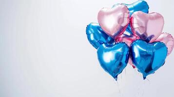 ai generato blu e rosa a forma di cuore palloncini su un' bianca sfondo con copia spazio. foto