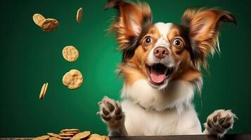 ai generato divertente cane con biscotti. divertente cane su verde sfondo. foto