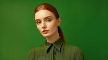 ai generato ritratto di un' bellissimo giovane testa Rossa donna nel verde camicia su verde sfondo. foto