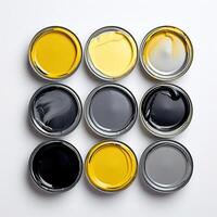 ai generato barattoli con giallo, nero e grigio dipingere su un' bianca sfondo. lattine con giallo, grigio e nero dipingere , superiore Visualizza. 9 lattine di professionale dipingere per elegante riparazioni. foto