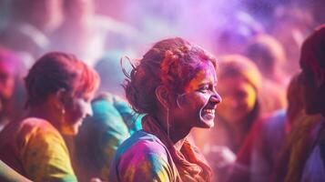 ai generato indiano ragazza festeggiare holi, anche chiamato il Festival di condivisione e amore o il Festival di colori è un' indù Due giorno Festival nel il primavera. foto