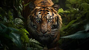 ai generato sumatra tigre con giallo occhi lo stalking preda, vegetazione nel tropicale indonesiano foresta pluviale sfondo, cinematico sparare, ultrareale, mattina leggero foto