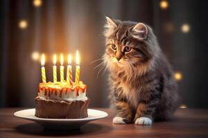 ai generato soffice carino gattino gatto seduta nel davanti di festivo torta con candela festeggiare un' compleanno festa foto