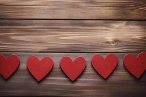 ai generato rosso cuori su un' di legno sfondo. contento San Valentino giorno superiore Visualizza saluto carta foto