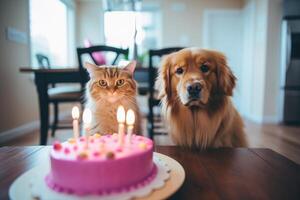 ai generato gatto e cane nel festa cappello seduta nel davanti di torta festeggiare un' compleanno festa foto
