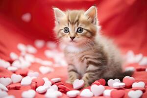 ai generato ritratto di un' carino poco grigio nudo soffice domestico gatto su un' rosso sfondo con amore cuori foto