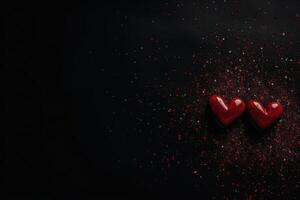 ai generato rosso cuori su un' nero sfondo per contento San Valentino giorno superiore Visualizza con copia spazio per testo. foto