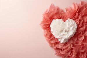 ai generato rosso e bianca cuore fatto di nastro su un' rosa sfondo. foto