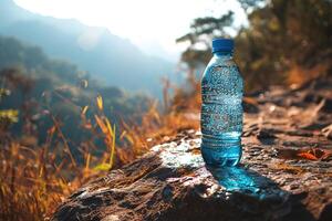 ai generato piccolo plastica bottiglia pieno di puro minerale acqua su un' pietra su un' sfocato soleggiato montagna sfondo foto