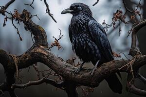 ai generato grande nero Corvo seduta su un' asciutto albero ramo su un' grigio sfocato sfondo foto