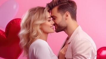 ai generato donna baci contento e sorridente uomo rosa sfondo con cuore forma San Valentino giorno. emozioni. stile di vita. foto