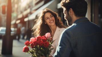 ai generato sorridente uomo dà fiori per donna su San Valentino giorno foto