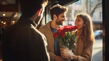 ai generato sorridente uomo dà fiori per donna su San Valentino giorno foto