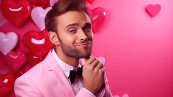 ai generato donna baci contento e sorridente uomo rosa sfondo con cuore forma San Valentino giorno. emozioni. stile di vita. foto