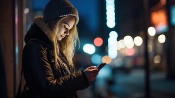 ai generato avvicinamento di donna utilizzando mobile Telefono a notte a notte foto