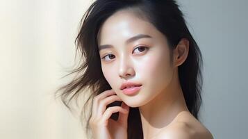 ai generato bellissimo asiatico ragazza con pulire, fresco pelle su bianca sfondo. facciale cura foto