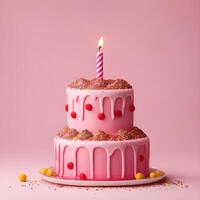 ai generato 3d compleanno torta con candela e decorazione spruzzatori, rosa torta emoji. foto