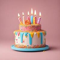 ai generato 3d compleanno torta con candela e decorazione spruzzatori, rosa torta emoji. foto