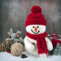 ai generato carino pupazzo di neve giocattolo. contento nuovo anno. allegro Natale. inverno vacanza sfondo. 3d cartone animato carattere. foto