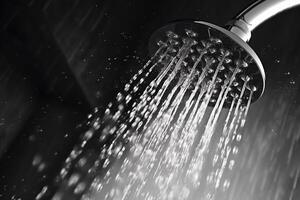 ai generato acqua fluente a partire dal il doccia testa nel buio bagno, vicino su. ai generato. foto