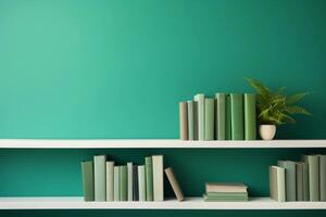 ai generato pile di libri e un' Casa pianta su il scaffali su verde sfondo con copia spazio. ai generato. foto