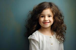 ai generato ritratto di contento sorridente poco ragazza con Riccio capelli su buio blu sfondo. ai generato. foto