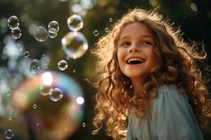 ai generato contento poco ragazza con Riccio capelli e sapone bolle nel il parco. ai generato. foto