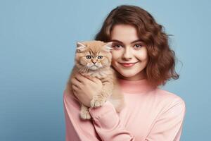 ai generato giovane donna Tenere piccolo carino soffice gattino su sua braccia, blu sfondo. ai generato. foto