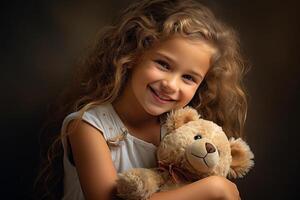 ai generato ritratto di contento poco ragazza abbracciare sua giocattolo felpa orso. ai generato. foto