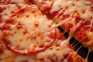 ai generato macro struttura di delizioso peperoni Pizza con fuso formaggio, vicino su Visualizza. ai generato. foto