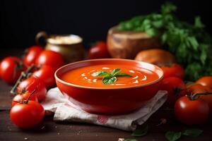 ai generato ciotola di pomodoro la minestra su il tavolo con fresco pomodori e basilico. ai generato. foto