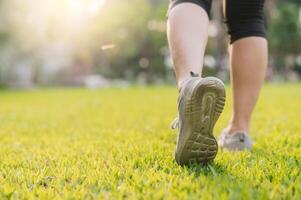 jogger donna. vicino su persona formazione sport corridore giovane femmina scarpa su erbe nel pubblico parco. fitness gamba e piede esercizio atleta. maratona nel natura. attivo salutare stile di vita allenarsi concetto. foto