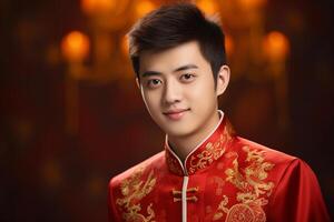 ai generato bello Cinese uomo indossare rosso tradizionale Abiti bokeh stile sfondo con generativo ai foto