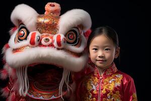 ai generato un' giovane Cinese ragazza con Drago danza maschera con generativo ai foto