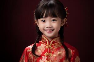 ai generato un' giovane Cinese ragazza indossare rosso Cinese tradizionale vestito con generativo ai foto