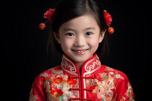 ai generato un' giovane Cinese ragazza indossare rosso Cinese tradizionale vestito con generativo ai foto