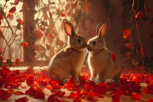ai generato Due coniglietti in mezzo rosa petali foto