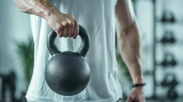 ai generato fitness donna con kettlebell nel moderno Palestra foto