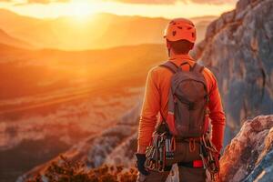 ai generato professionale scogliera scalatore fermare arrampicarsi guardare a bellissimo tramonto . avventura e estremo sport concetto. foto