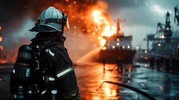 ai generato drammatico scence maschio pompiere con fuoco incidente nel porta , carico nave esplosione ,carico nave esplosione . foto
