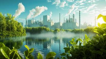 ai generato futuristico fabbrica con bene ambiente, ecologico fabbrica verde fabbrica concetto, zero carbonio futuro foto