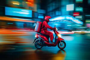 ai generato cibo consegna uomo cavalcata motociclo su il strada a notte , consegnare pacco per cliente a notte con leggero pista . foto