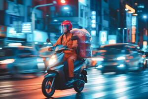 ai generato cibo consegna uomo cavalcata motociclo su il strada a notte , consegnare pacco per cliente a notte con leggero pista . foto