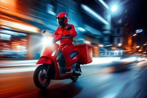 ai generato cibo consegna uomo cavalcata motociclo su il strada a notte , consegnare pacco per cliente a notte con leggero pista . foto