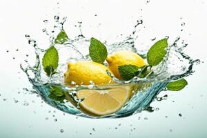 ai generato fresco Limone e menta caduta in acqua con spruzzata, isolato su bianca sfondo foto