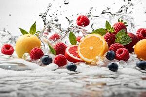 ai generato multivitaminico acqua onda spruzzo con vario frutta menta piperita le foglie e ghiaccio cubi isolato su bianca sfondo , creare ai foto