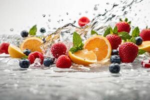 ai generato multivitaminico acqua onda spruzzo con vario frutta menta piperita le foglie e ghiaccio cubi isolato su bianca sfondo , creare ai foto