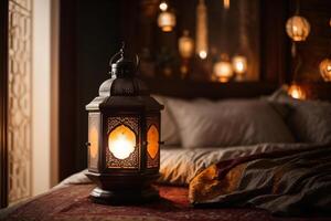 ai generato ornamentale Arabo lanterna con ardente candela raggiante a notte e luccicante d'oro bokeh luci. festivo saluto carta, invito per musulmano santo mese Ramadan kareem. buio sfondo foto