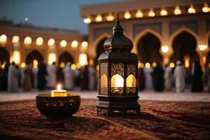 ai generato ornamentale Arabo lanterna con ardente candela raggiante a notte e luccicante d'oro bokeh luci. festivo saluto carta, invito per musulmano santo mese Ramadan kareem. buio sfondo foto