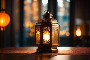 ai generato ornamentale Arabo lanterna con ardente candela raggiante a notte e luccicante d'oro bokeh luci. festivo saluto carta, invito per musulmano santo mese Ramadan kareem. buio sfondo foto